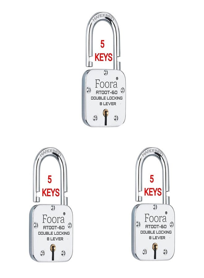 Foora 5 Key Lock ATOOT 60mm with Hardened Steel Shackle,Double Locking,8 levers Silver Finish Pack of 3 - Image 1